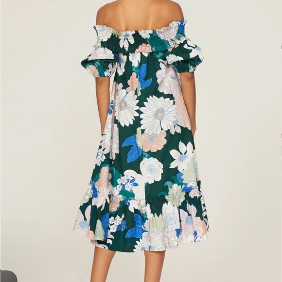 Cara Cara Zinnia Green Floral Off the Shoulder Midi Dress| Size 6 - Picture 2 of 11